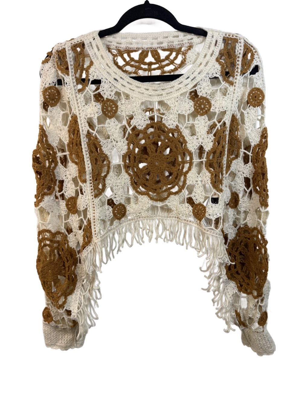 Cream and Brown Crochet Fringe Shrug